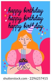 Tarjeta de felicitación de cumpleaños con una joven mujer soplando velas en el quequito. Confetti de fondo. Fiesta de cumpleaños, celebración, felicitaciones, concepto de invitación.