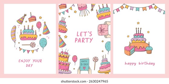 Birthday greeting cards, banners, posters collection decorated with doodles and text quotes. Good for invitations, templates, prints, wallpaper, etc. EPS 10