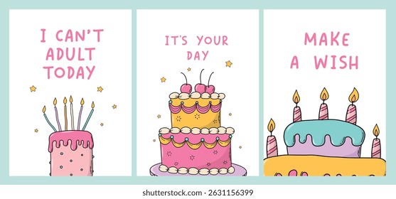 birthday greeting cards, banners, posters collcetion decorated with doodles of cakes and quotes. Good for invitations, prints, templates. EPS 10
