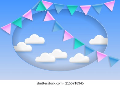 Birthday greeting cards with bunting flags. Color flags garland in the cloudy sky. Paper cut out style