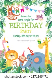 Birthday Greeting Cards With Cute Animals. Funny Jungle Party. Vector Illustration.