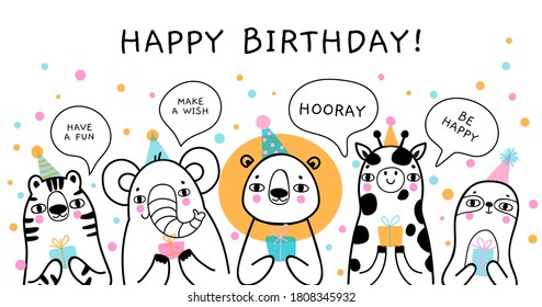 Birthday greeting cards with cute animals. Birthday Funny Jungle party with lion, sloth, tiger, giraffe and elephant  . Vector illustration