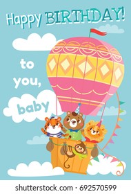 Birthday greeting cards with cute animals. Funny animals on hot air balloon. Vector illustration.