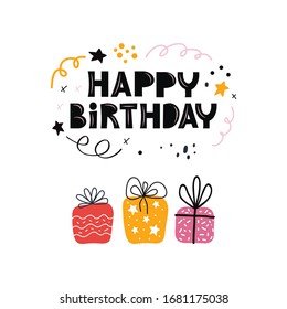 Birthday Greeting Cards Design. Bday Presents Postcard Or Banner Flat Template With Happy Birthday Typography. Pile Of Gifts And Different Graphic Elements. Hand Drawn Scandinavian Style