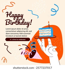 Birthday greeting cards design with cake and typography design. Abstract universal grunge artistic templates. For poster, business card, invitation, flyer, banner, email header