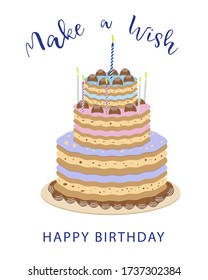 Birthday greeting cards design in pastel color. Card with cake. Cute design. Happy birthday, greeting card. Color cake on the background.