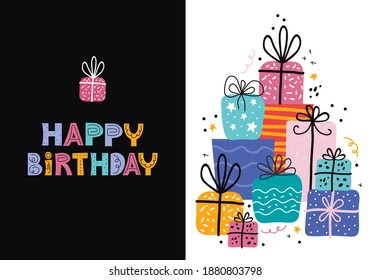 Birthday greeting cards design in vector. Bday holiday banner template with happy birthday typography. Pile of gifts box and different graphic elements. Hand drawn doodles in Scandinavian style.