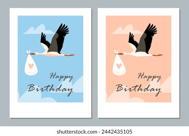 Birthday greeting cards featuring stork carrying baby with Happy birthday congratulation in vector illustration against blue and peach skies. Postcard bundle for boy and girl