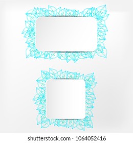Birthday, greeting cards, frames with many blue simple leaves, isolated on white background.