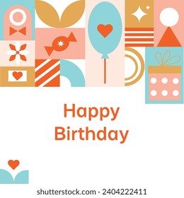 Tarjetas de felicitación de cumpleaños, afiches, portadas de vacaciones en un estilo geométrico minimalista moderno. Conceptos de ilustración vectorial para diseño gráfico y web, banner de medios sociales. Tarjeta de invitación de fiesta.