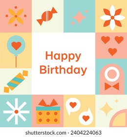 Birthday greeting cards, posters, holiday covers in modern minimalist geometric style. Vector illustration concepts for graphic and web design, social media banner. Party invitation card.