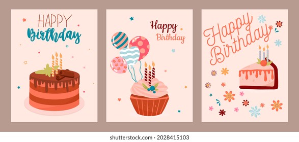 Birthday greeting cards. Set of beautiful colorful posters for congratulations. Cake, candles, and balloons. Design elements for printing. Modern flat vector collection isolated on brown background