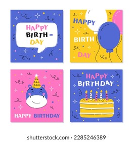 Birthday greeting cards set. Cake with candles, colorful balloons and hippopotamus in hat. Holiday and festival, gift and surprise. Cartoon flat vector illustrations isolated on white background