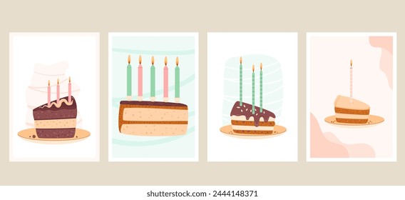 Birthday greeting cards set with cake slice. Sweet bakery holiday vertical posters. Pastry dessert with cream and candles festive flyer. Vector pie hand drawn flat illustration background.