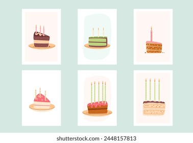 Birthday greeting cards set with cake slice. Sweet bakery holiday vertical posters. Pastry dessert with cream and candles festive flyer. Vector pie hand drawn flat illustration background.