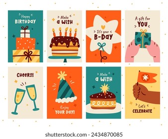 Birthday greeting cards set with cakes, balloons, gift boxes, champagne wineglasses and handwritten holiday text design vector illustration. Congratulations and invitations cover with decoration