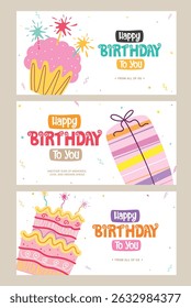 Birthday greeting clipart banner set. Happy birthday greeting text clip art with colorful cup cake, gift and cake abstract elements decoration collection vector illustration.   
