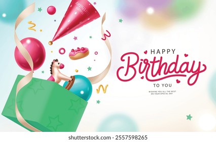 Birthday greeting clipart design. It's my bday greeting text with cute clown character in surprise box party elements. Vector illustration wishes and invitation card clip art.  
