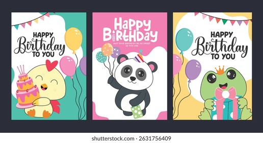 Birthday greeting clipart poster set design. Happy birthday text with duck, panda bear, turtle animals clip art collection holding balloons, cake and gift elements in colorful abstract background 