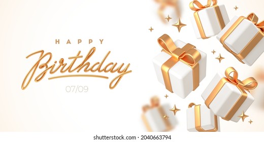 Birthday greeting design. Background with 3d white gift boxes with golden ribbon and bow. Birthday celebration concept. Vector illustration.