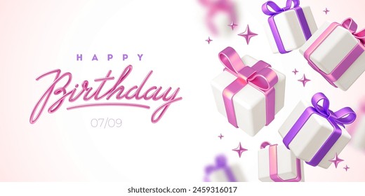 Diseño de felicitación de cumpleaños. Fondo con cajas de regalo blancas 3d con cinta y lazo rosa y púrpura. Concepto de celebración de cumpleaños. Ilustración vectorial.