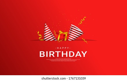 A birthday greeting design, complemented by a birthday hat ornament, and a gift, suitable for invitation cards, backgrounds, posters, social media posts, web, parties, celebrations, etc.