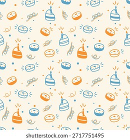 Birthday greeting doodle pattern of donuts and cake slices with candle, blue and gold doodle outlines and silhouettes.