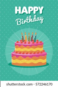 Birthday greeting and invitation card with birthday cake illustration