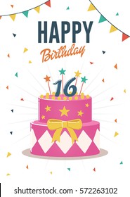 Birthday greeting and invitation card with sweet 16 birthday cake illustration.