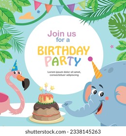 Birthday greeting  invitation card template. Cute african animals and cake. Funny Jungle party. Vector illustration.