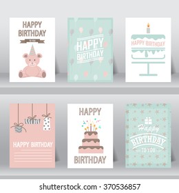 birthday, greeting and invitation card.  there are teddy bear, gift boxes, confetti, cup cake. vector illustration
