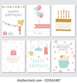 Birthday, greeting and invitation cards with cakes, balloons, gifts and the girl