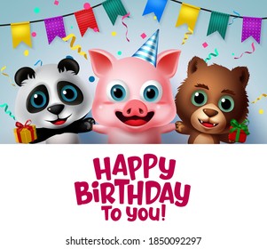 Birthday greeting kids animals vector template. Happy birthday greeting text with kids animal characters like pig, panda and bear in a party elements in blue background. Vector illustration.