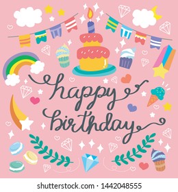 Birthday greeting party elements, set of balloons, flags, cupcakes, gift boxes, garlands and hats, pastel colors, hand drawn style - Vector