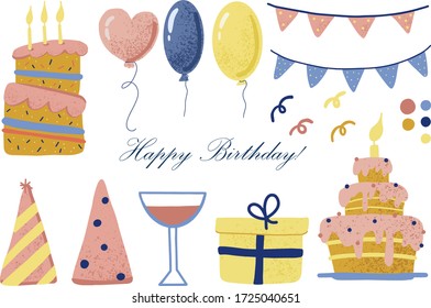 Birthday greeting party elements, set of balloons, flags, cupcakes, gift boxes, garlands and hats, pastel colors, hand drawn style