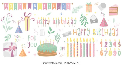 Birthday greeting party elements, set of balloons, flags, cupcakes, gift boxes, garlands and hats, pastel colors, hand drawn style