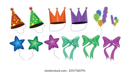 Birthday greeting party elements, set of balloons, flags, cupcakes, gift boxes, garlands and hats, pastel colors, hand drawn style