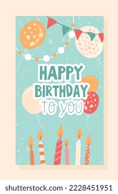 Birthday greeting postcard. Balloons with cake handles, congratulations on holiday and anniversary. Graphic element for website. Promotion on Internet, marketing. Cartoon flat vector illustration