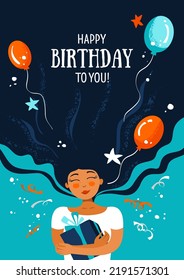 Birthday greeting postcard with woman, gift, balloons, stars and confetti. Cool mood illustration. Vector template for card, poster, flyer, banner and other