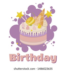 Birthday Greeting Poster with Cartoon Cream Layer Cake Decorated Stars on Stick, Waffle Cone, Macaroon over Purple Bubbles. Holiday Card Childish Design. Vector Flat Invitation Illustration