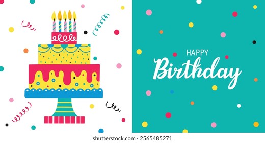 Birthday greeting poster.  Holiday and festival, anniversary. Gift and surprise. Cartoon flat vector illustrations