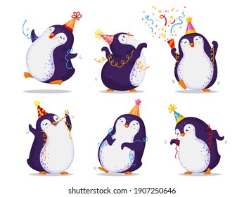 Birthday greeting set of six cute penguins. Funny dancing birds in different hats, various poses. Vector cartoon illustration. All elements are isolated.