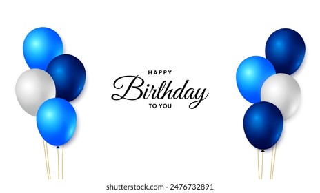 Diseño de Plantilla de felicitación de cumpleaños con globos azules y blancos. Fondo de tarjeta de celebración de cumpleaños. Ilustración vectorial