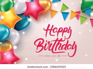 Birthday greeting text vector design. Happy birthday typography with balloon bunch and pennants party element for colorful birthday party decoration. Vector illustration.
