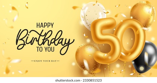 Birthday greeting theme vector design. Happy birthday text with elegant metallic number balloons for 50th gold birth day celebration messages. Vector illustration.
