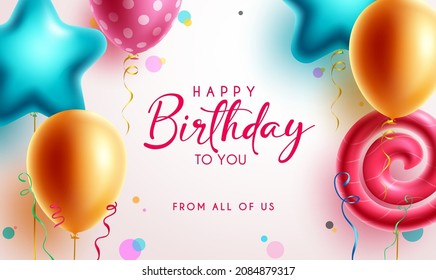 Birthday greeting vector background design. Happy birthday to you text with colorful star and spiral shape balloons element for birth day kids party decoration. Vector illustration.
