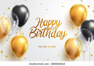 Birthday greeting vector background design. Happy birthday typography text with elegant gold black balloons and golden confetti for birth day celebration card. Vector illustration.
