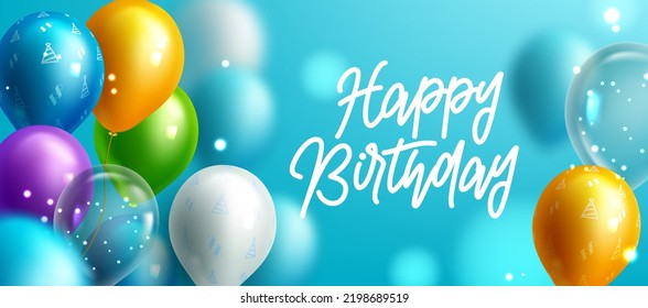 Birthday greeting vector background design. Happy birthday text in blue background with colorful balloons party element for kids birth day decoration. Vector illustration.
