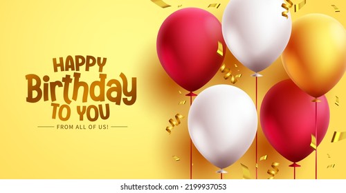 Birthday greeting vector background design. Happy birthday text with balloons and confetti elements for party card decoration. Vector Illustration. 