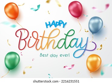 Birthday greeting vector background design. Happy birthday colorful text with balloons and confetti surprise elements for birth day card. Vector illustration.
